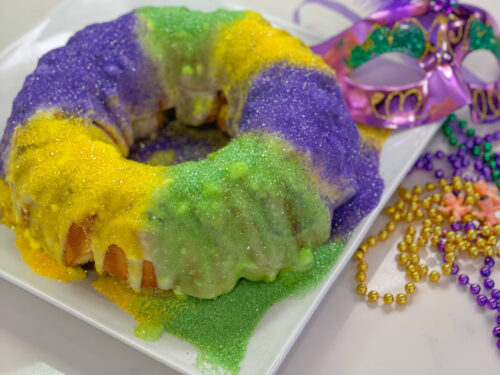 Mardi Gras King Cake with Cream Cheese and Pecan Filling